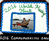 2016 WMH Comemerative cake featiring Dan Kirk with his 2015 prize-winning 50 3/8-inch musky while being guided by Mike O'Brien