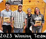2023 WMH Winning Team The Three Musky-Teers - Tess Rickman, Amy Monday, William Wallace, Greeter Donna Rickman
